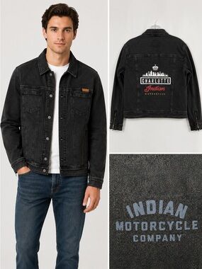 Indian Jacket  Size L   Motorcycle Charlotte Graphic Washed Black Denim